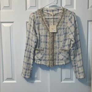 NWT Ryu Anthropologie Blue Cream Blazer Lace Detail Size M NEEDS REPAIRED